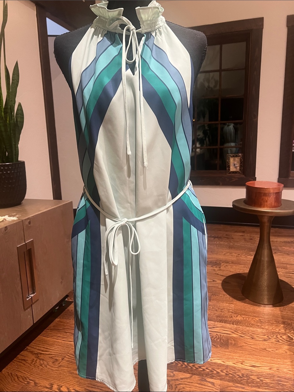 Striped Halter Tie-Waist Mini Dress in Aqua and Teal